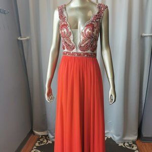 Size 6 bright red a-line prom/formal gown chiffon skirt beaded bodice
